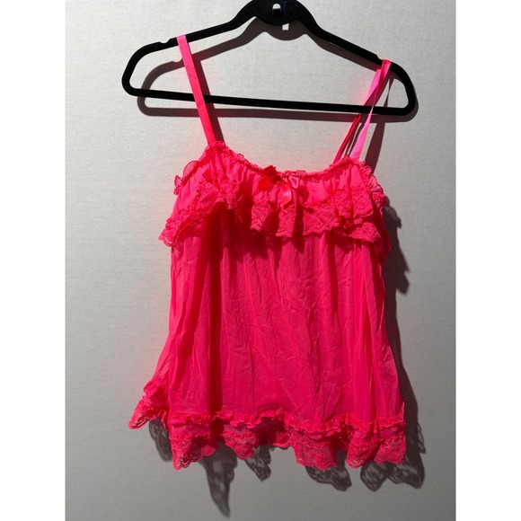 Victoria's Secret Babydoll Cami Nightie Neon Pink Ruffle Lace Lingerie L - Picture 2 of 5